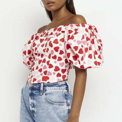 Petite white satin Heart Bardot top | River Island