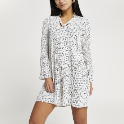 Petite white spot print pleated mini dress | River Island