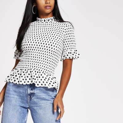 Petite white spot print shirred frill hem top  River Island