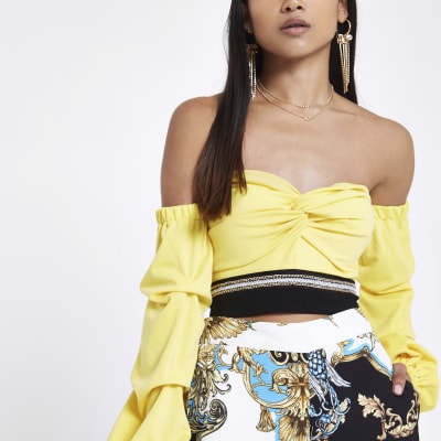 Petite yellow bardot ruche sleeve crop top