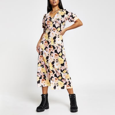 river island midi dress with belt detail in yellow