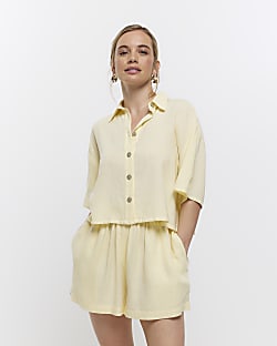 Petite yellow linen blend crop shirt