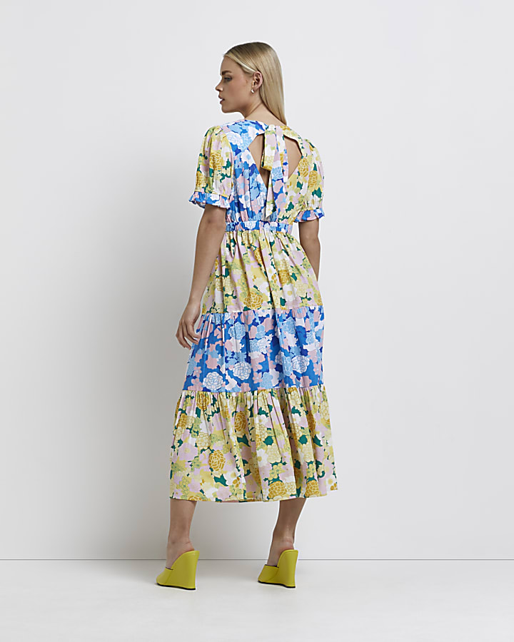 Petite yellow mixed floral tiered maxi dress
