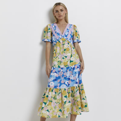 Petite yellow mixed floral tiered maxi dress | River Island