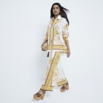 Petite Yellow Printed Broderie Trousers