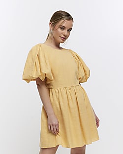 Petite yellow puff sleeve t-shirt mini dress