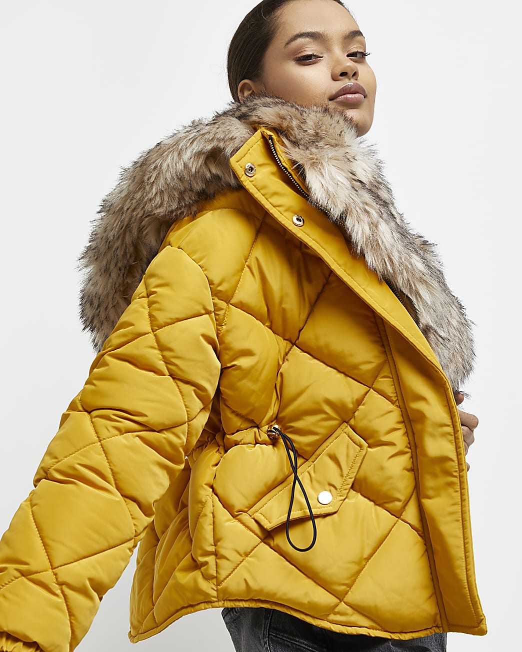 Petite yellow quilted puffer coat