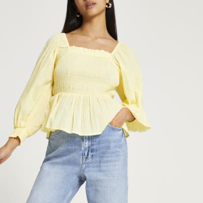 yellow shirred top