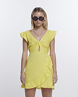 Petite Yellow V Neck Frill Mini Dress