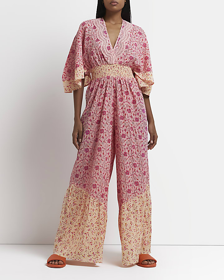 Pink - Light Lace Sleeved Jumpsuit