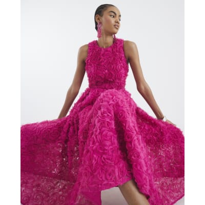 Pink 3D Floral Occasion Midi Dress