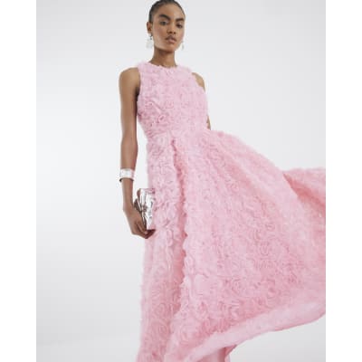Pink 3D Floral Occasion Midi Dress