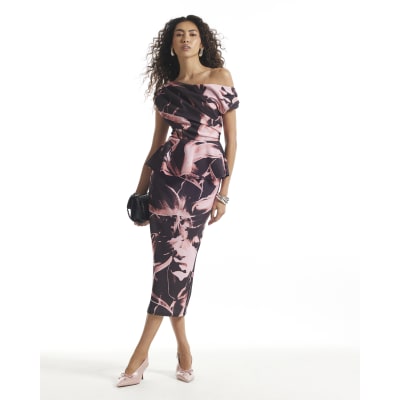 Abstract Print Peplum Midi Bardot Dress