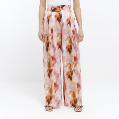 Pink Abstract Print Pleated Wide Leg Trousers 