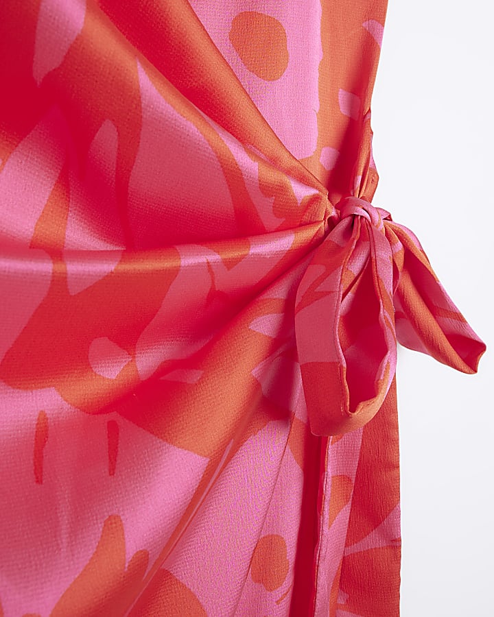 Pink abstract print wrap midi dress