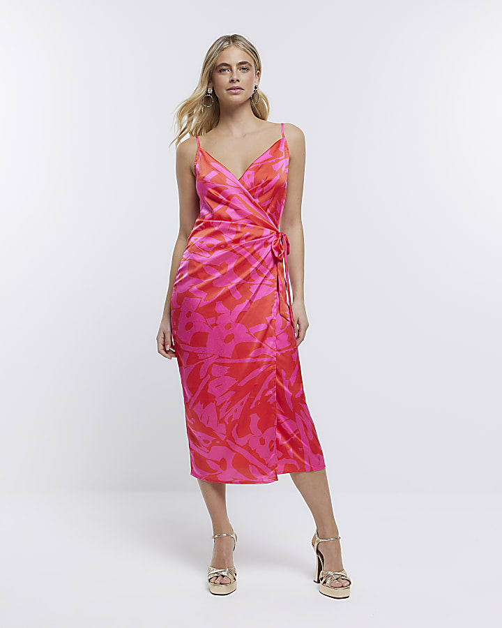 Pink abstract print wrap midi dress