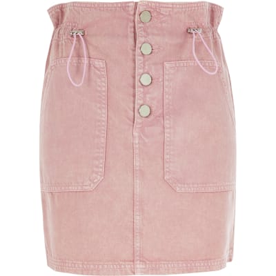 pink acid wash denim skirt