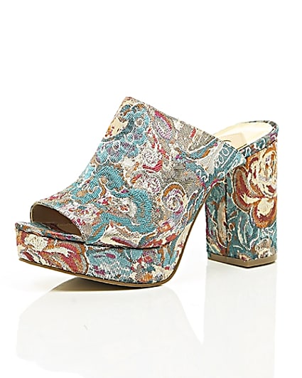 360 degree animation of product Pink and blue jacquard block heel mules frame-0