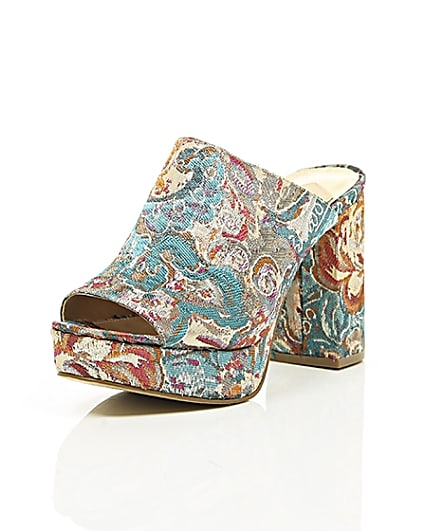 360 degree animation of product Pink and blue jacquard block heel mules frame-1