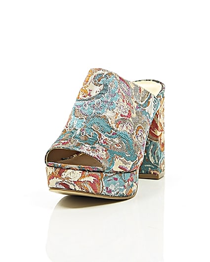 360 degree animation of product Pink and blue jacquard block heel mules frame-2