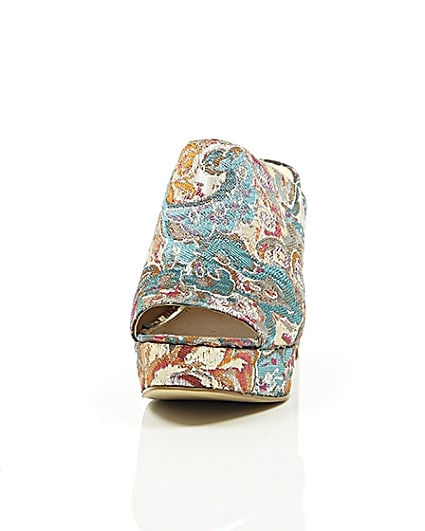 360 degree animation of product Pink and blue jacquard block heel mules frame-3
