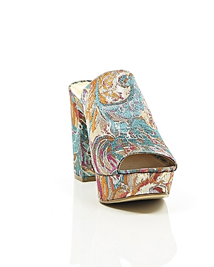 360 degree animation of product Pink and blue jacquard block heel mules frame-5
