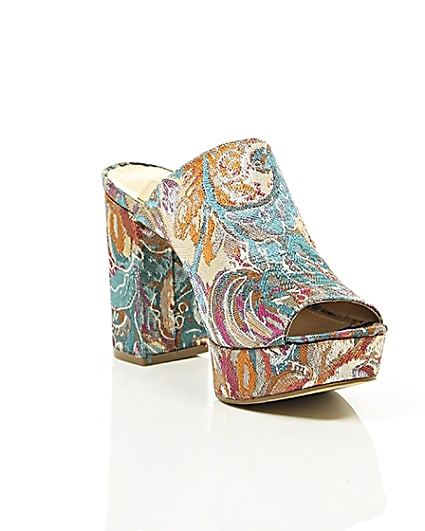 360 degree animation of product Pink and blue jacquard block heel mules frame-6