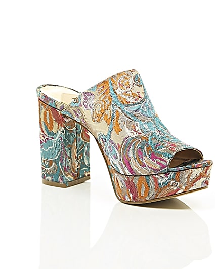 360 degree animation of product Pink and blue jacquard block heel mules frame-7