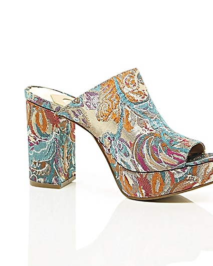 360 degree animation of product Pink and blue jacquard block heel mules frame-8