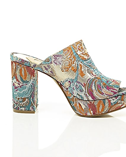 360 degree animation of product Pink and blue jacquard block heel mules frame-9