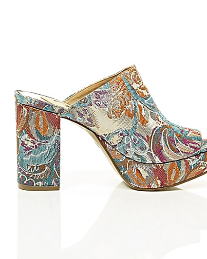 360 degree animation of product Pink and blue jacquard block heel mules frame-10