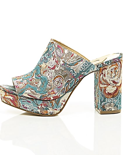 360 degree animation of product Pink and blue jacquard block heel mules frame-22