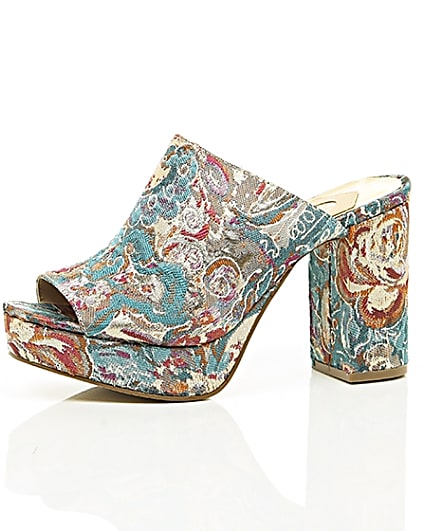360 degree animation of product Pink and blue jacquard block heel mules frame-23