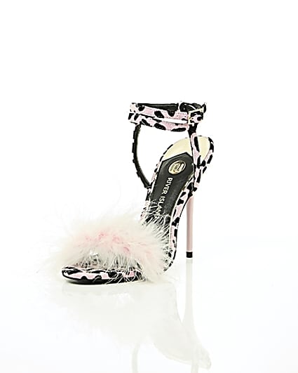 360 degree animation of product Pink animal print feather stiletto sandals frame-1
