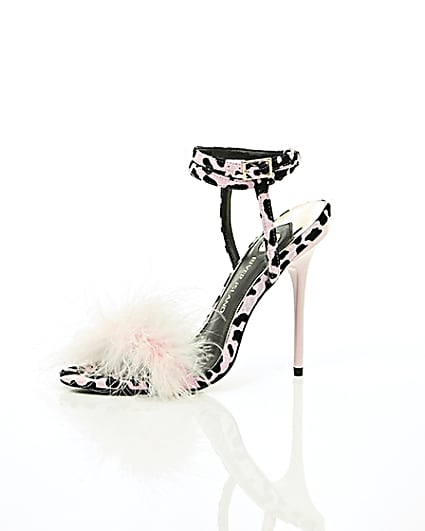 360 degree animation of product Pink animal print feather stiletto sandals frame-23