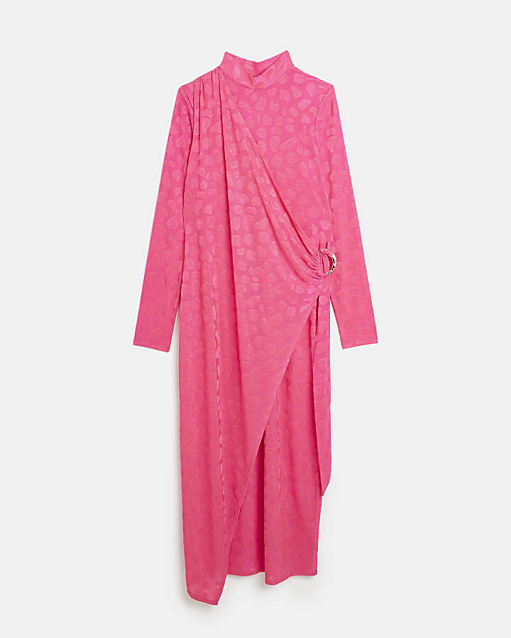 Pink animal print satin wrap midi dress
