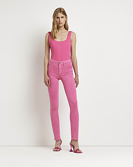 Pink animal print skinny jeans