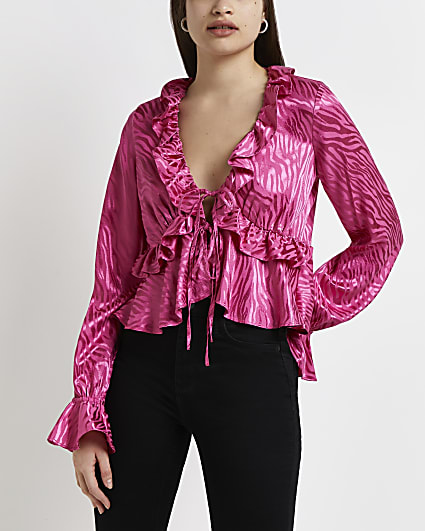 Pink animal print tie front blouse