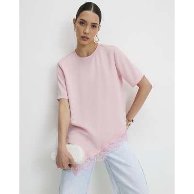 Pink Asymmetric Lace Trim Satin T-Shirt