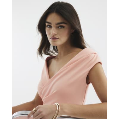 Pink Asymmetric Lapel Wrap Midi Dress | River Island