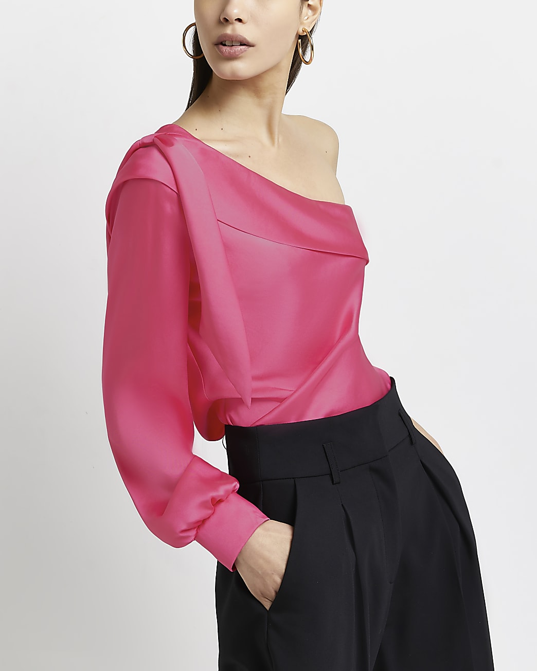 Pink asymmetric satin blouse