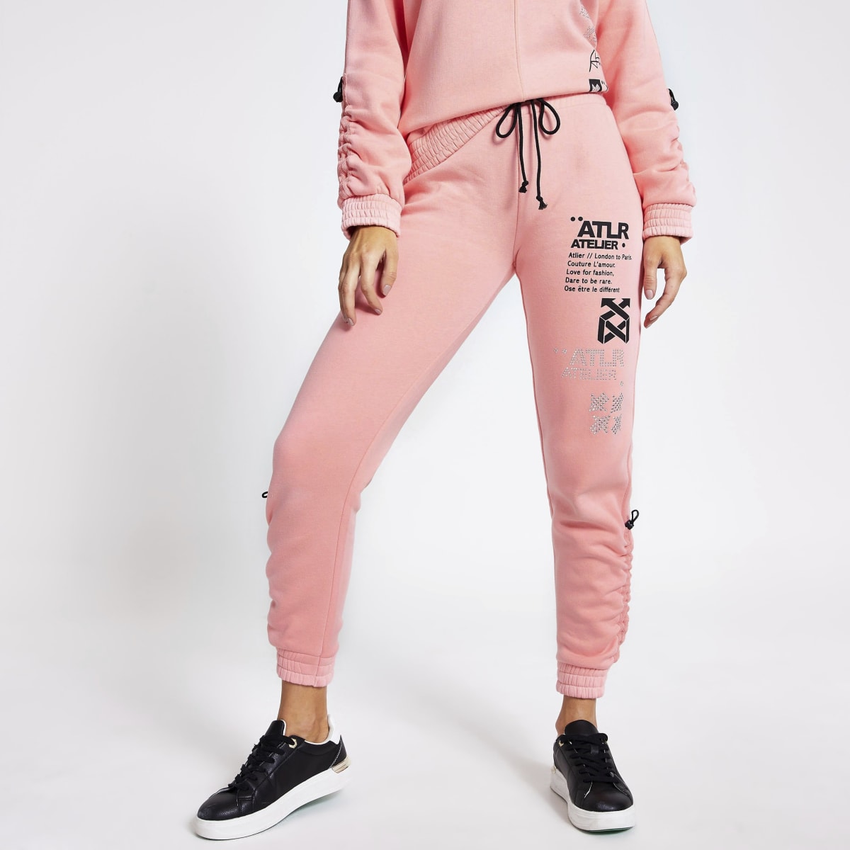 Pink 'ATLR' print ruched joggers
