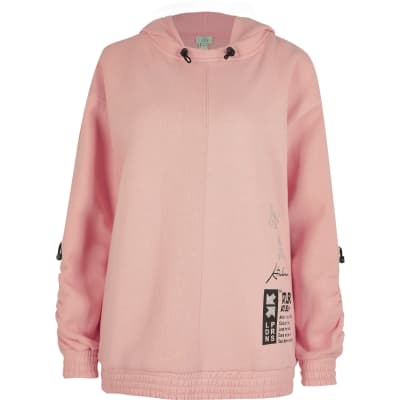 Pink 'ATLR' print ruched sleeve hoodie