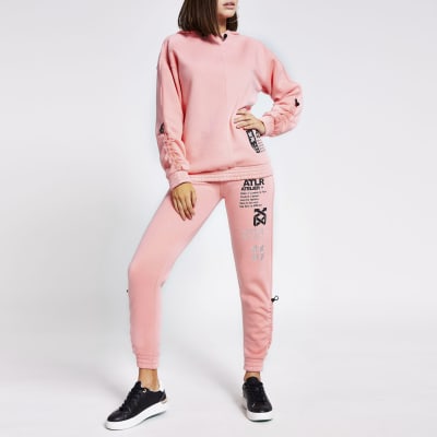 Pink 'ATLR' print ruched sleeve hoodie