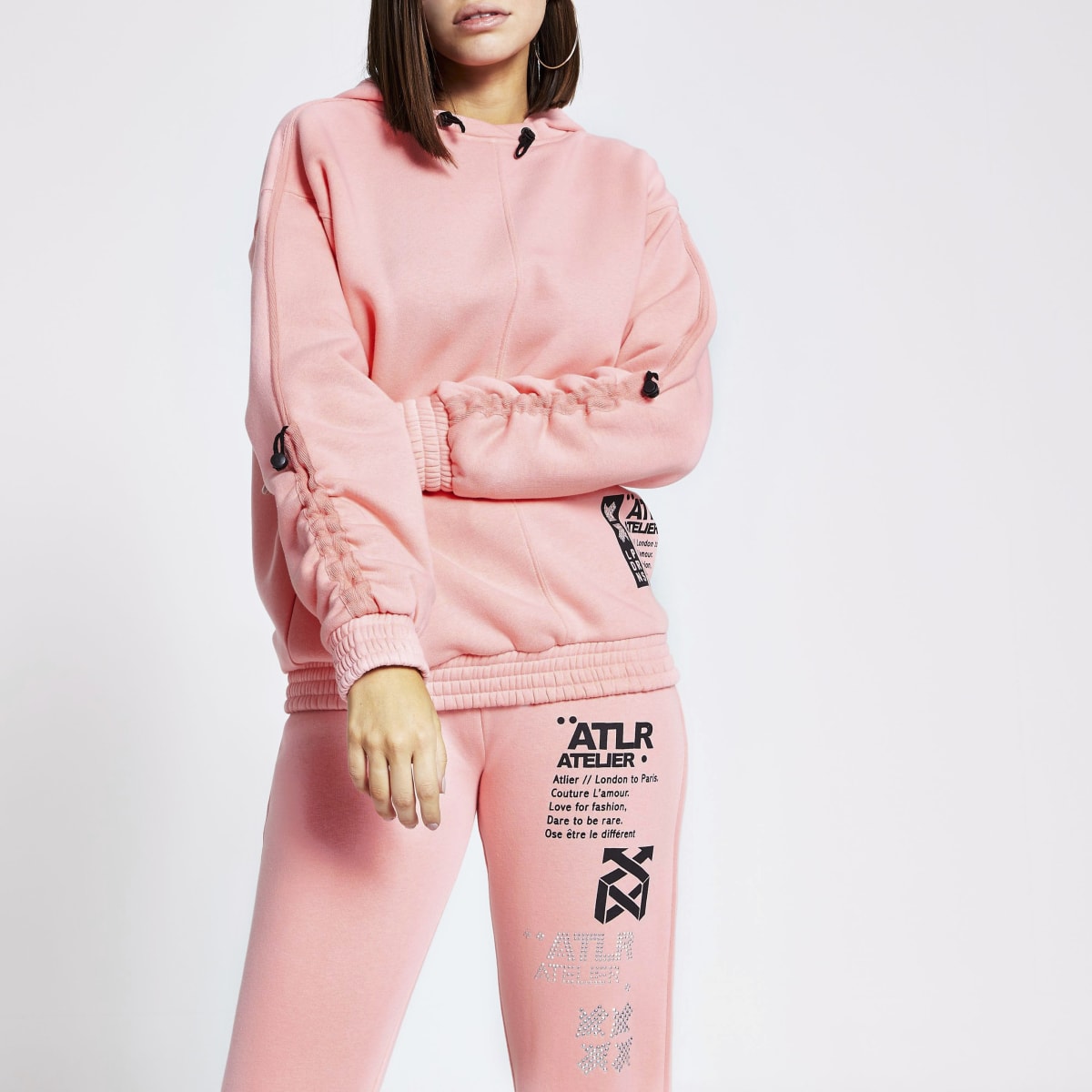 Pink 'ATLR' print ruched sleeve hoodie