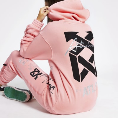 Pink 'ATLR' print ruched sleeve hoodie