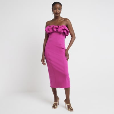 Pink bandeau bodycon midi dress | River Island