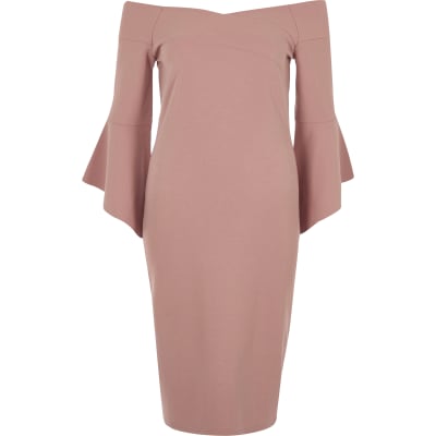 Pink bell sleeve bardot bodycon midi dress | River Island