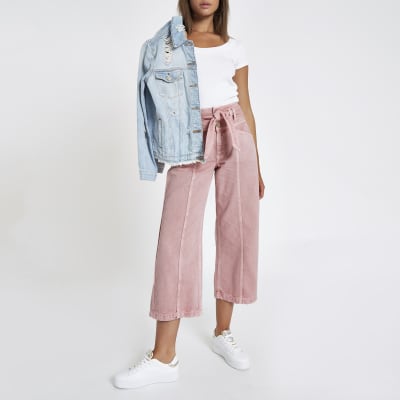 Pink belted denim culottes