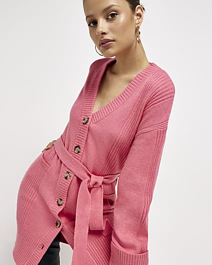 Pink belted longline cardigan